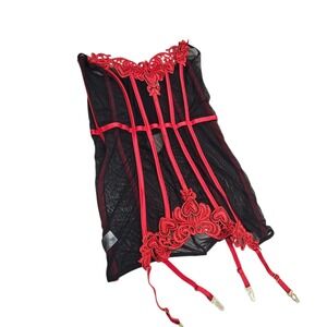 Venus Red Lace Trim Garter Bodysuit Corset Lingerie Black Mesh SP '22 S Coquette